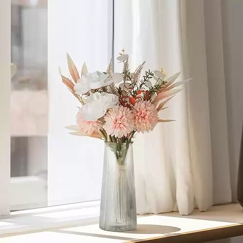 Blosmom Fake Flowers in Vase: Champagne Artificial Flower Bouquet in Glass Vase Centerpiece Dinning Table Decorations Silk Faux Floral Plant Arrangement Gift Set Wedding Home Room Office Decor