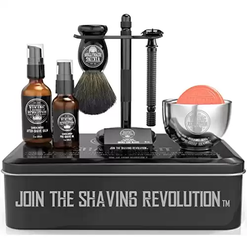 Viking Revolution - Luxury Shaving Kit for Men - Safety Razor, Stand, Bowl, After-Shave Balm, Pre-Shave Oil & Badger Brush - Gifts For Men