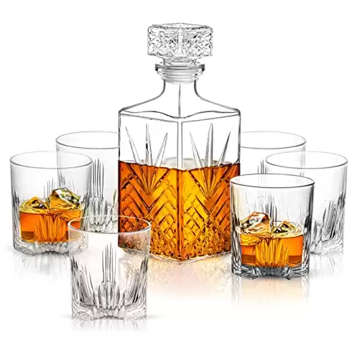 Paksh Novelty Whiskey Decanter Set - 7-Piece Italian Crafted Glass Decanter & Whiskey Glasses Set - Holiday Whiskey Gifts for Men and Women w/Ornate Stopper and 6 Cocktail Glasses, Red