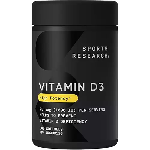 Sports Research Vitamin D3 1,000 IU with Coconut Oil - Vitamin D for Healthy Bones, Teeth, and Maintenance of Good Health - Non-GMO, Gluten & Soy Free - 360 Liquid Softgels