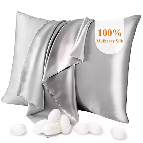 100% Mulberry Silk Pillowcase Pure,21 Momme Both Side Real Silk Pillowcases Hidden Zippered Slip Silk Pillowcase Hypoallergenic Soft Breathable for Hair, Skin and Good Sleep Grey, Standard 20"x26...